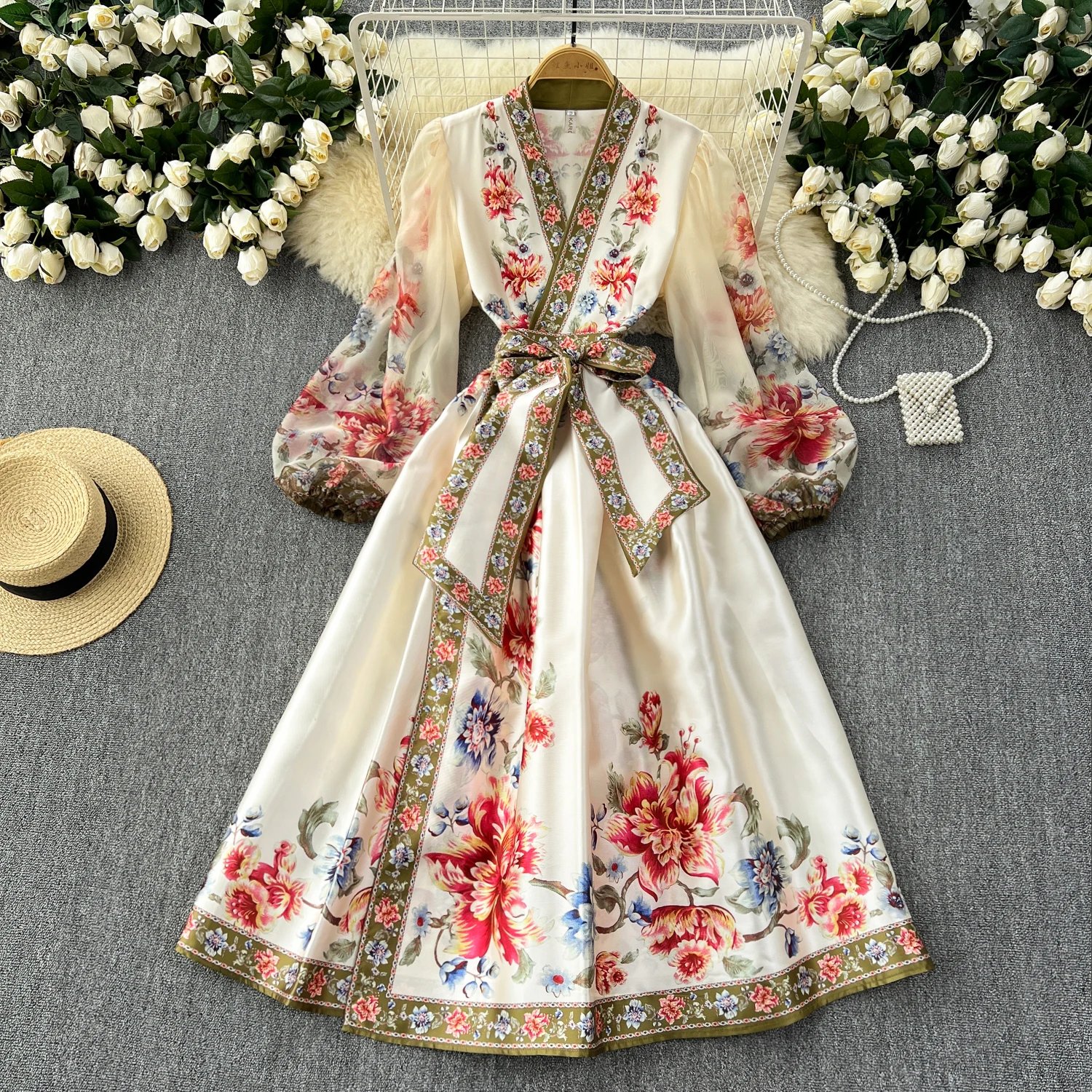 

French Vintage Elegant Lace Up V Neck Puff Sleeve Print Dress A-line Fashion Spring Summer Vestidos Women Dresses