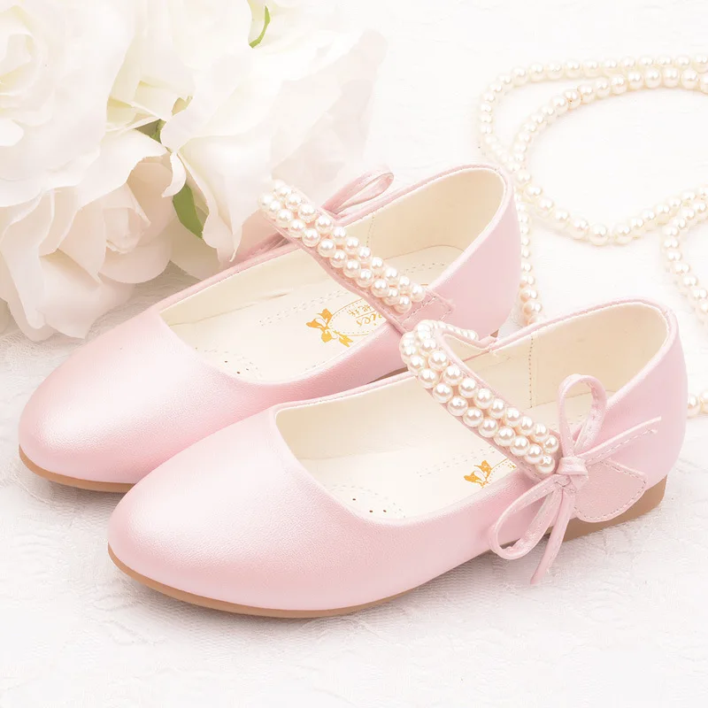 2023 New Girls White Leather Shoes Children Flat White Shoes Girls Flower Girl School Dress Shoes Toddler Girl Shoes