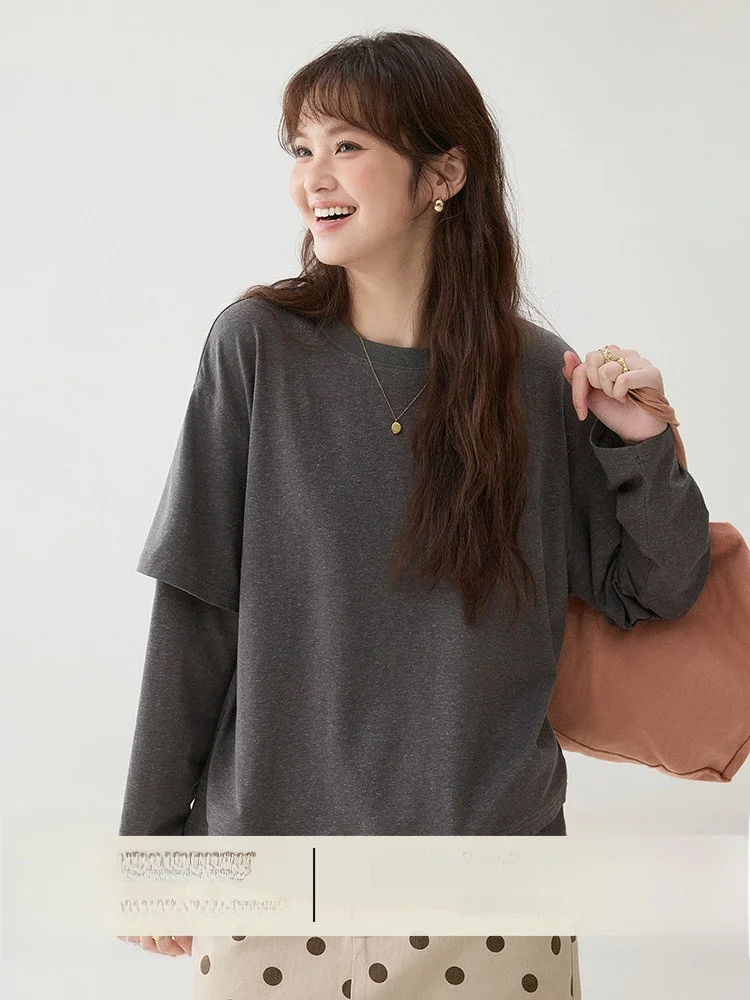 

Оригинальная женская футболка AMUU в японском стиле, цветная, свободного кроя, с длинным рукавом, весенняя новинка, утягивающий топ, имитация комплекта из двух предметов