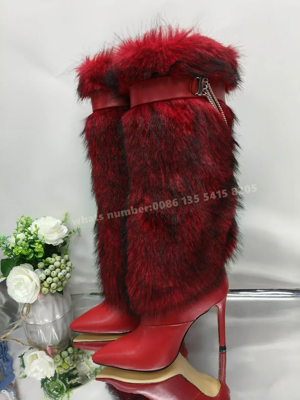 Fluffy Red Stiletto Knee High Boots Pointy Toe Plush Fur Chain Decor Women's Boots Winter 2025 Thin Heels Plus Size Casual Shoes