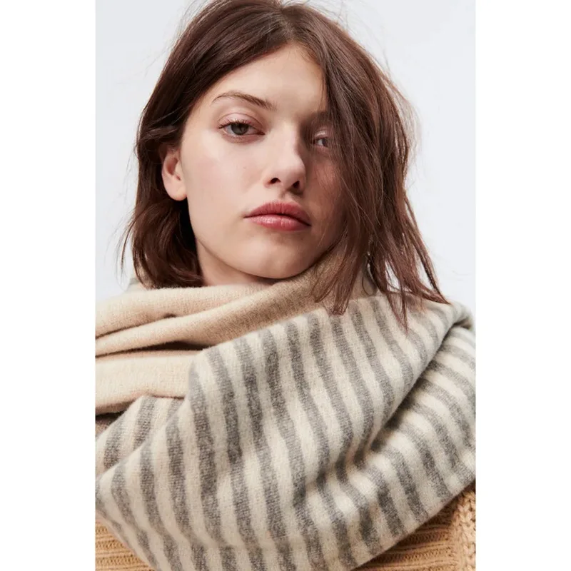 Z's New Tan Thick Striped Scarf Laminated Decoration Soft Dual-Use Outer Shawl plus-Sized Scarf