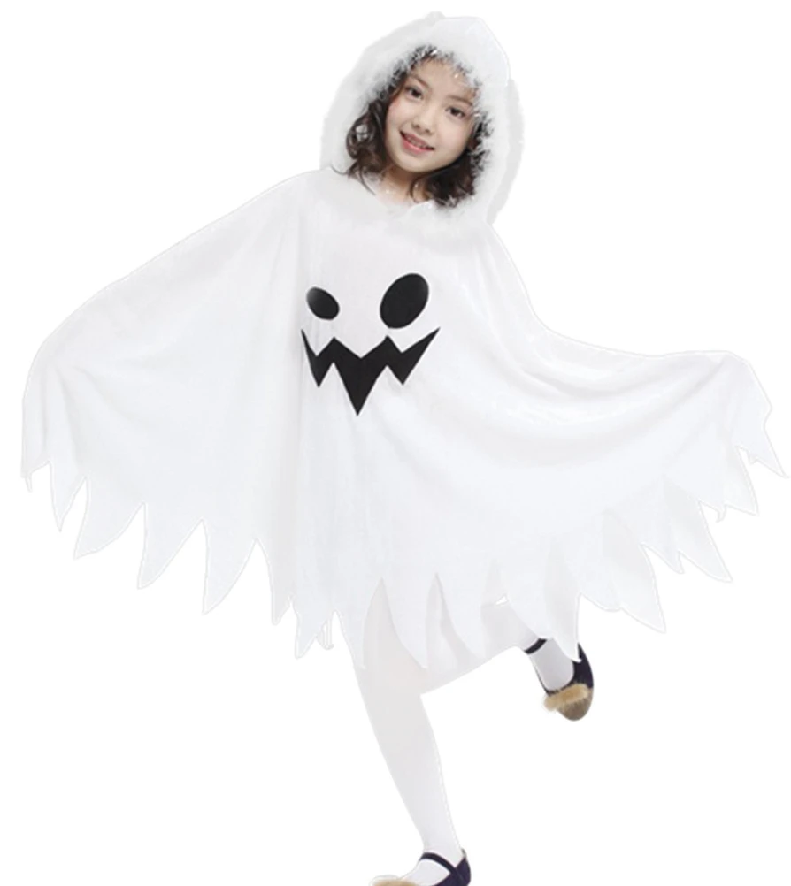 Weißer Geisterumhang für Kinder mit Kapuze, gruseligem Gesichtsdruck und gezacktem Saum für Halloween, Karneval, Cosplay und Themenpartys – Detail 7