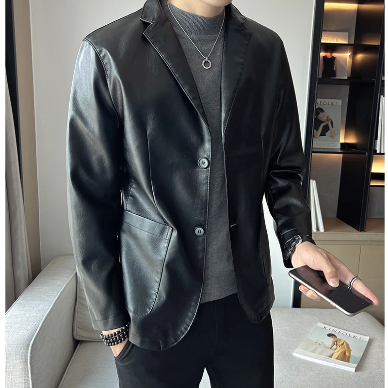 Neue Slim Fit Lederjacke für Herren, Business-Mode, hochwertige Anzug jacke, einzelne Motorrad jacke im westlichen koreanischen Stil