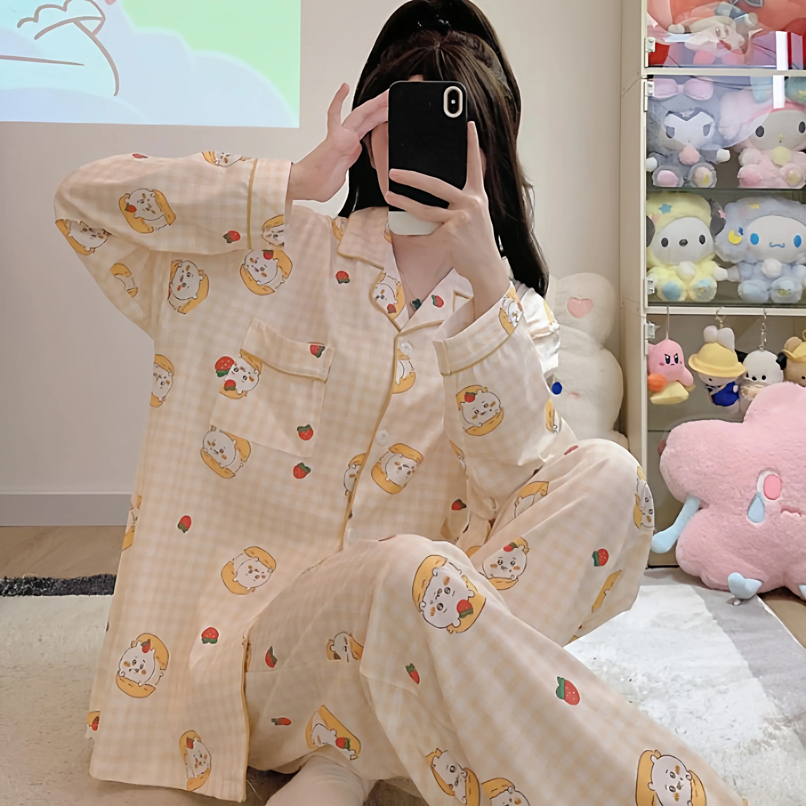

2Pcs Anime Chiikawa Pajamas Hachiware Homewear Cartoon Loose Long-Sleeved Shirt and Pants Household Clothes Cute Nightwear Gift