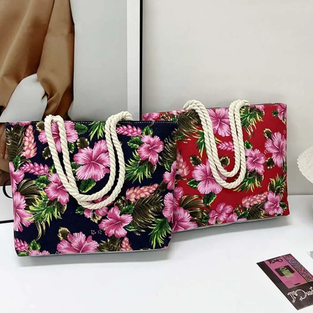 Bolso de mano con estampado de flores de gran capacidad, bolso de hombro con flores, bolso de mano de lino y algodón, bolso de playa con cremallera, bolso de estilo étnico