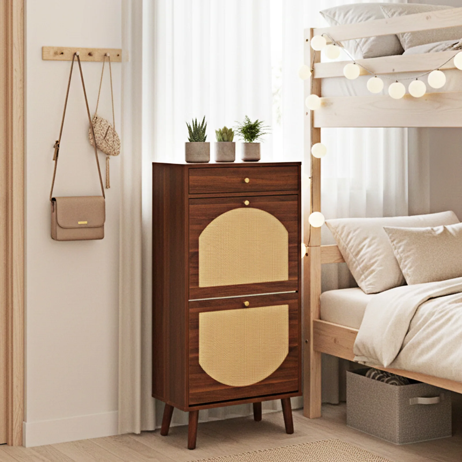 

Rattan shoe cabinet with 1 drawer and 2 flip-top drawers, made of particleboard, 54*24*110cm, brown
