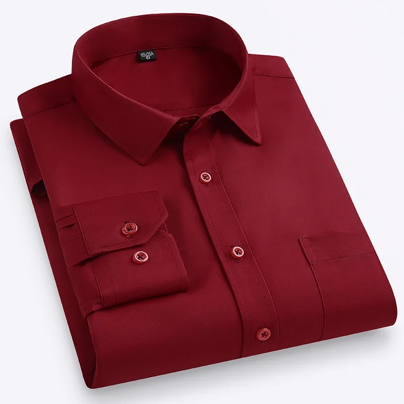 2025 New in Elastic Long-sleeve Shirts for Men Slim Fit Formal Plain Shirt Solid Color Single Pocket Office White Red Plus Size