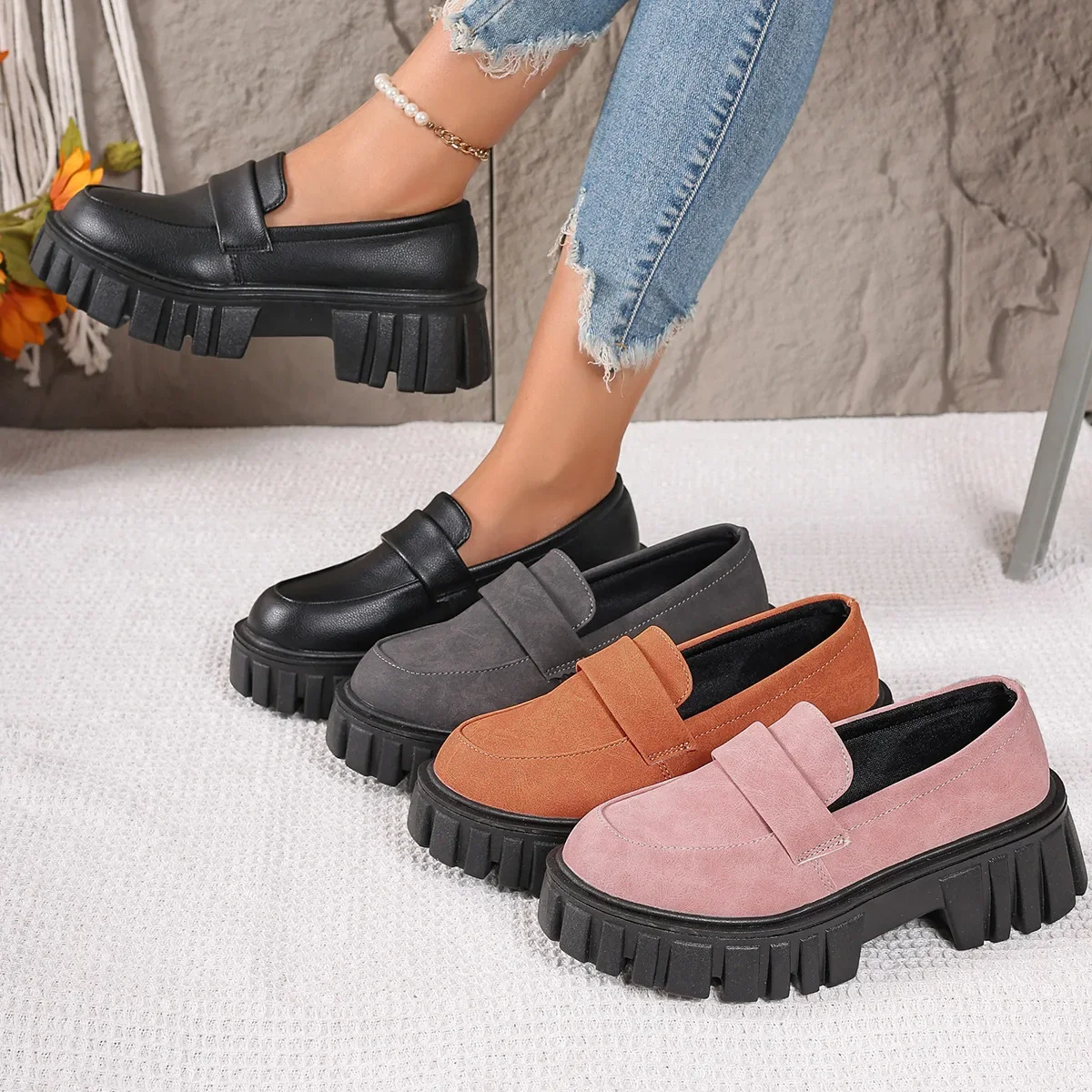 41 Code Joy Women's Shoes Spring Autumn New Style Round Head Shallow Water One Step Across Border Large Size Women's Leather Sho