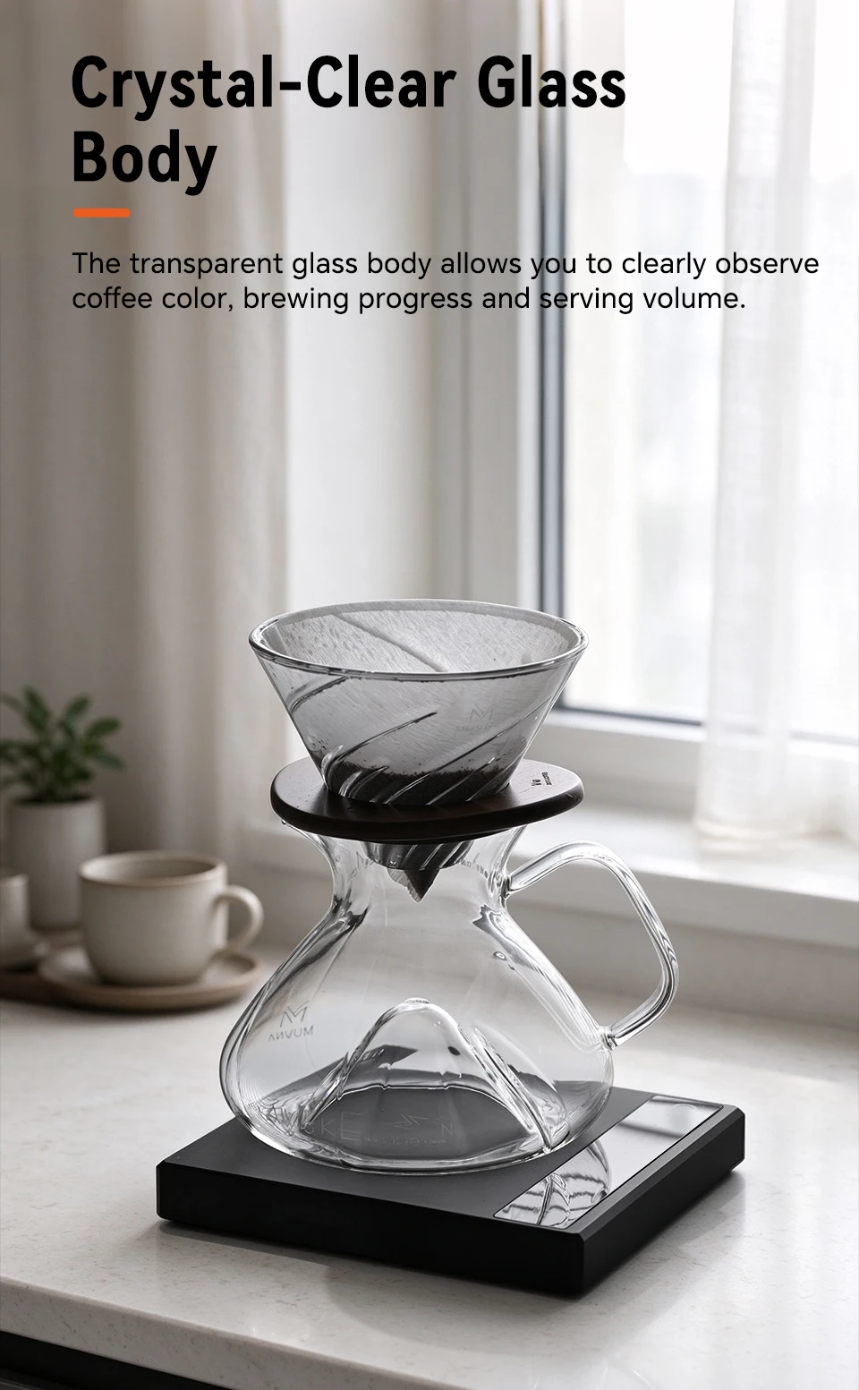 MUVNA Tornado Glass Coffee Server 450ml-Barista Grade Hand Drip Carafe,Leak-Proof Spout,Heat-Resistant for Pour Over/Iced Brew
