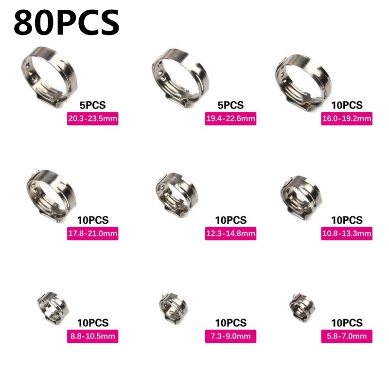 80pcs Spring Clamps Set 304 Stainless Steel Pipe Hose Ring Clamps for Tubes Cinch Clamp Rings for Sealing Clamps 5.8-23.5mm