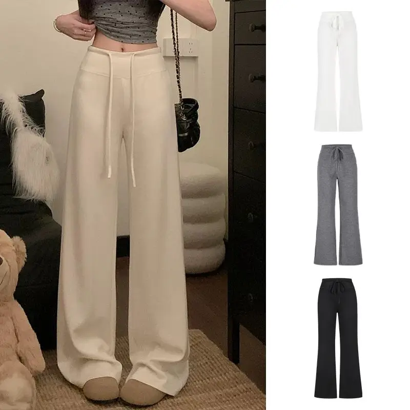 2025 النساء عالية الخصر بنطال ذو قصة أرجل واسعة ربيع الخريف الإناث رمادي الرياضة فضفاض السراويل موضة السيدات بناطيل كاجوال لينة مريحة #1