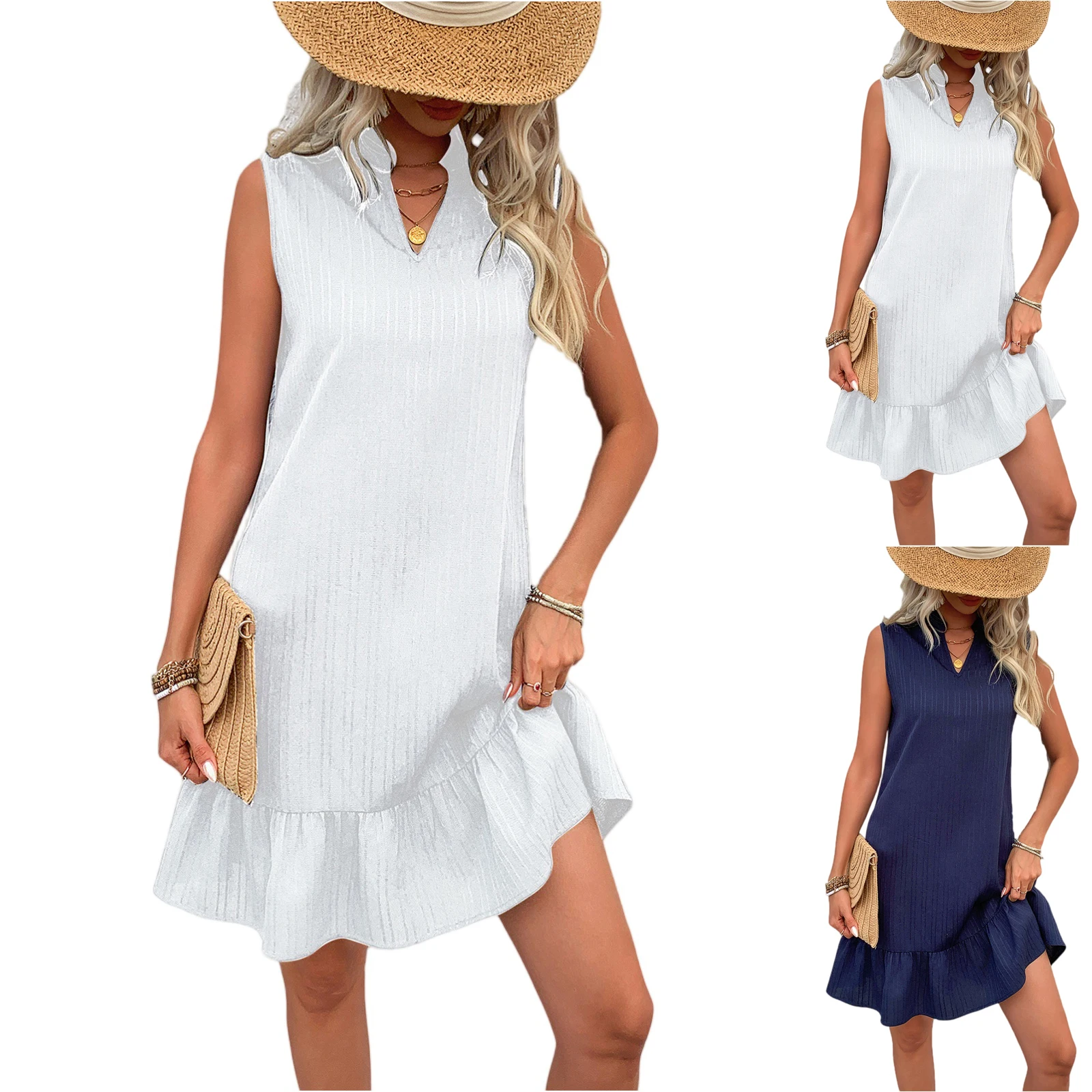 فستان نسائي عصري غير رسمي بلون سادة وياقة على شكل V وتصميم فضفاض بدون أكمام مع حواف مكشكشة مريح وناعم للارتداء في الهواء الطلق