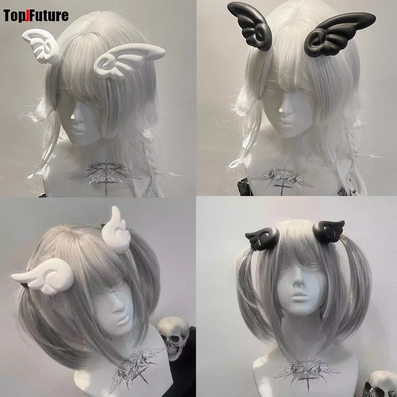 Anime Culture Gothic Harajuku Y2Kgirl Dark gothic punk subculture Angel wing white Lolita edge clip headband hairgrips Hair clip