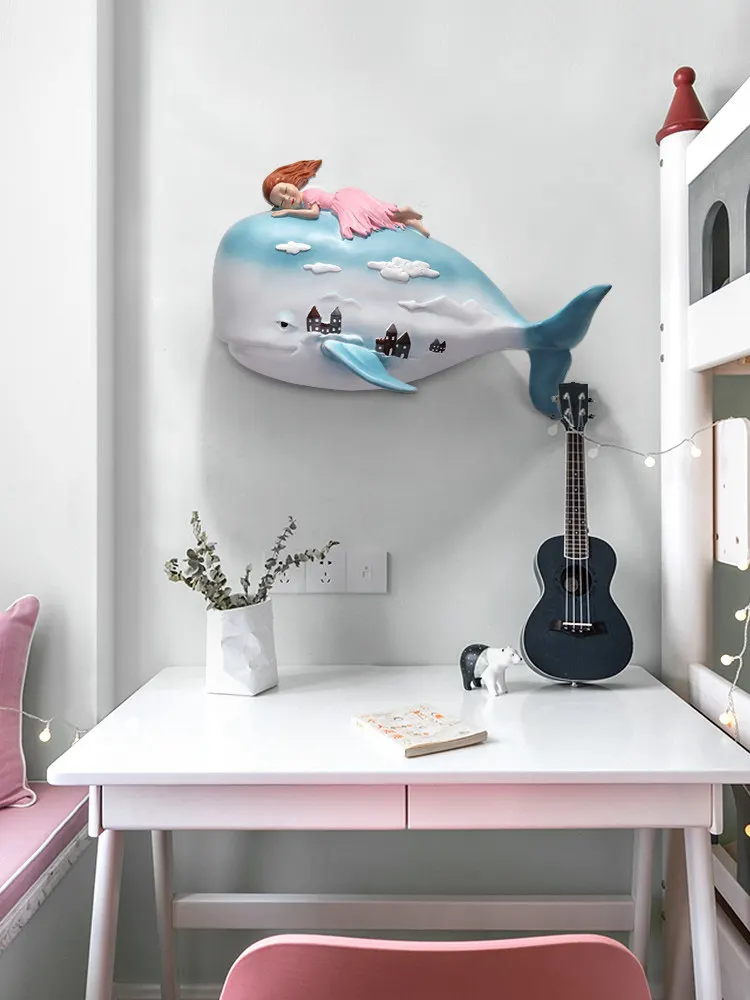 Modern Girl Boy Whale Resin Wall Murals Home Livingroom Children's Room Hanging Decoration Hotel Porch Sticker Crafts