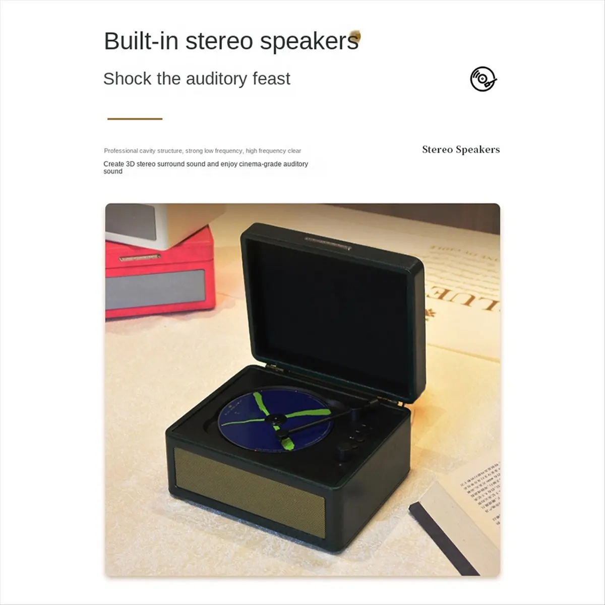 popop Portable Wireless Bluetooth Speaker, Multi-Functional Reprodutor CD Retro, Record Audio Player Dark Green