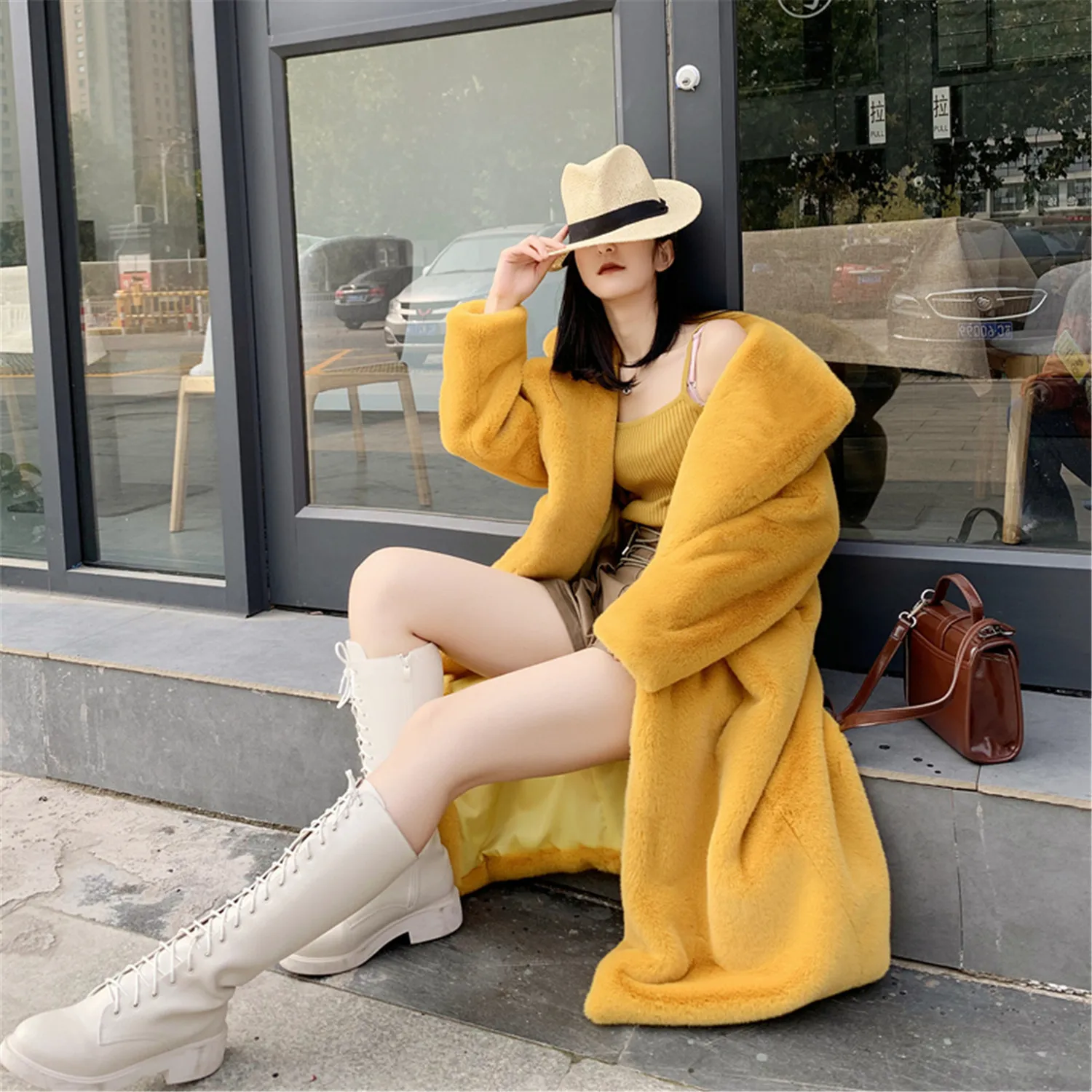 2024 Winter Women High Quality Faux Rabbit Luxury Long Fur Coat Lapel OverCoat Thick Warm Female Plush Jacket Large Size 5XL