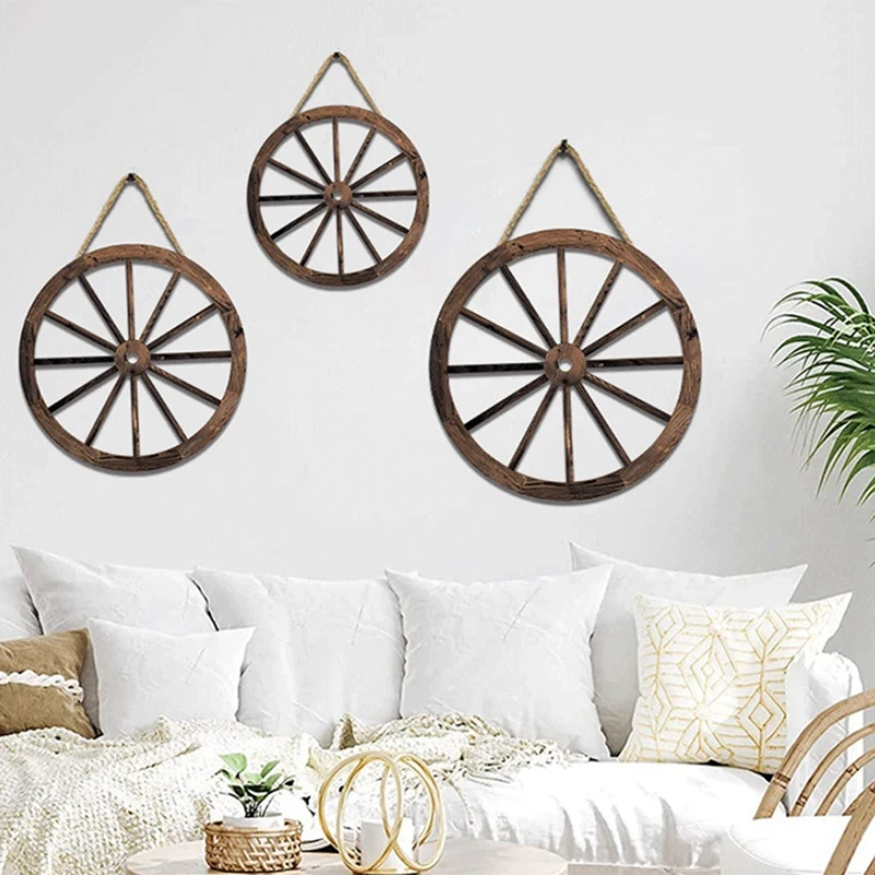 3Pcs Wooden Wagon Wheel Wall Hanging Rustic Garden Wall Art Vintage Hanging For Home Garage Wheel Shaped Pendant Decor