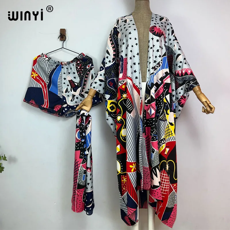 WINYI-Conjunto de dos piezas con estampado bohemio para mujer, vestido largo hasta el suelo de manga larga, kimono de vacaciones, novedad de verano