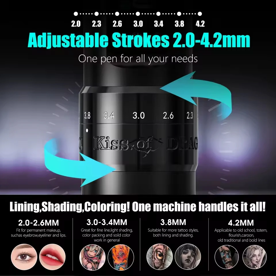 Wireless Rotary Tattoo Machine Pen 2400mAh Touch Battery 2-4.2 Adjustable Stroke