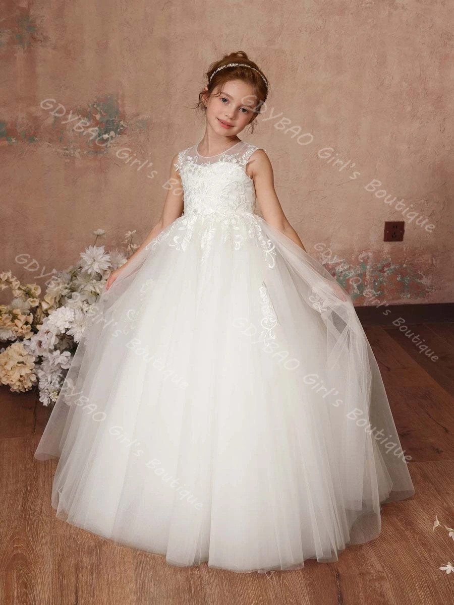 

Кружевное тюлевое платье для первого причастия по индивидуальному заказу для детей, бальное платье без рукавов с круглым вырезом длиной до пола, свадебное платье с цветочным узором для девочек