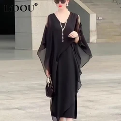 Summer Korean Fashion Elegant Off the Shoulder Dress Ladies Short Sleeve V-neck Temperament Midi Vestido Women Casual Mesh Dress