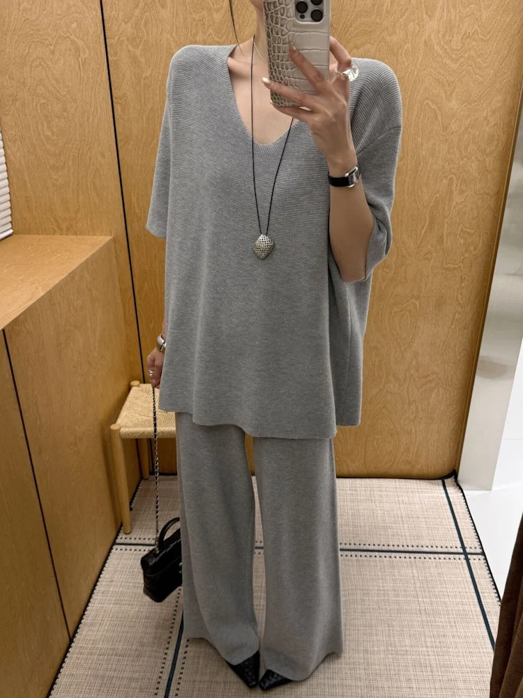 Summer New Grey Lazy Style Sports Suit Women Loose Slimming Top Wide Leg Pants Casual Two Piece Set Breathable V Neck T Shirt