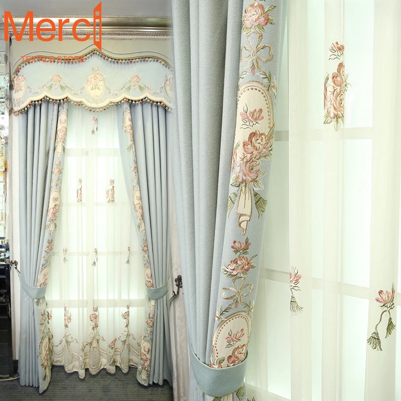 

French Curtains for Living Dining room Bedroom Cloth Villa Customization European Imitation Cashmere Embroidered Blackout