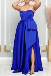 Satin Prom Dress Strapless Sweetheart A Line with Pockets with Slit and Bow Formal Party Evening Gowns Elegant Custom Made