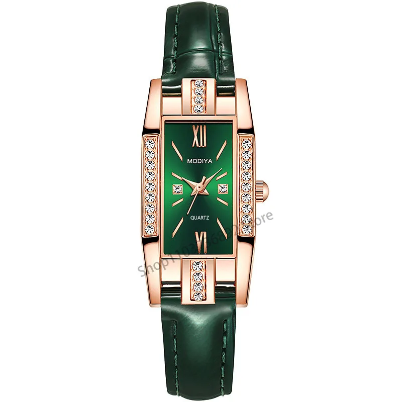 Small green watch with diamond embellishments, small square watch for women, leather strap, quartz watch for women