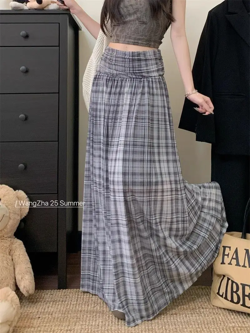 

Gagarich 2025 Summer New Style Color Contrasting Checkered Hanging High Waist Slimming Versatile Half Long Skirt Women Chic