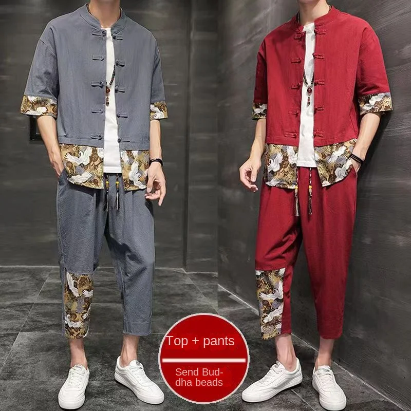 

Chinese Style Men's Youth Spring And Autumn Buckle Printing Splicing Tang Suit Two-Piece Cotton And Linen Chinese Style Set