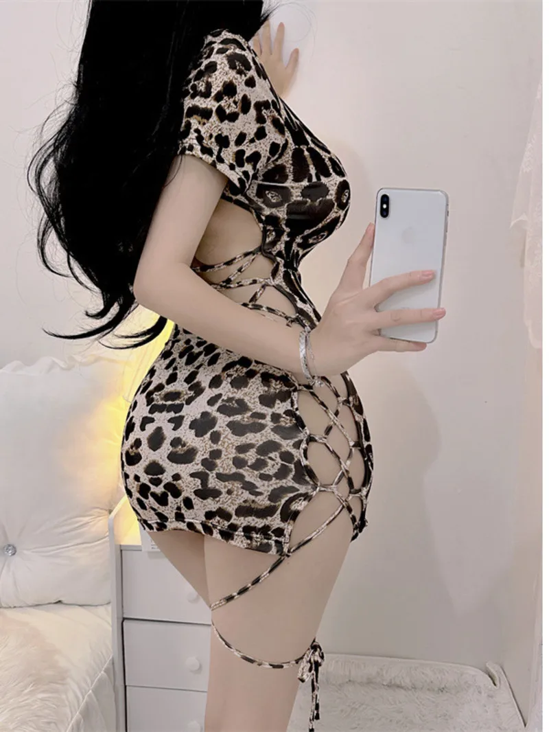 

Нижнее белье, горячий леопардовый узор, полые, с разрезом по бокам, очаровательное, для взрослых, элегантное, нежное, с кружевным галстуком, униформа для ночного клуба, платье ZKUZ