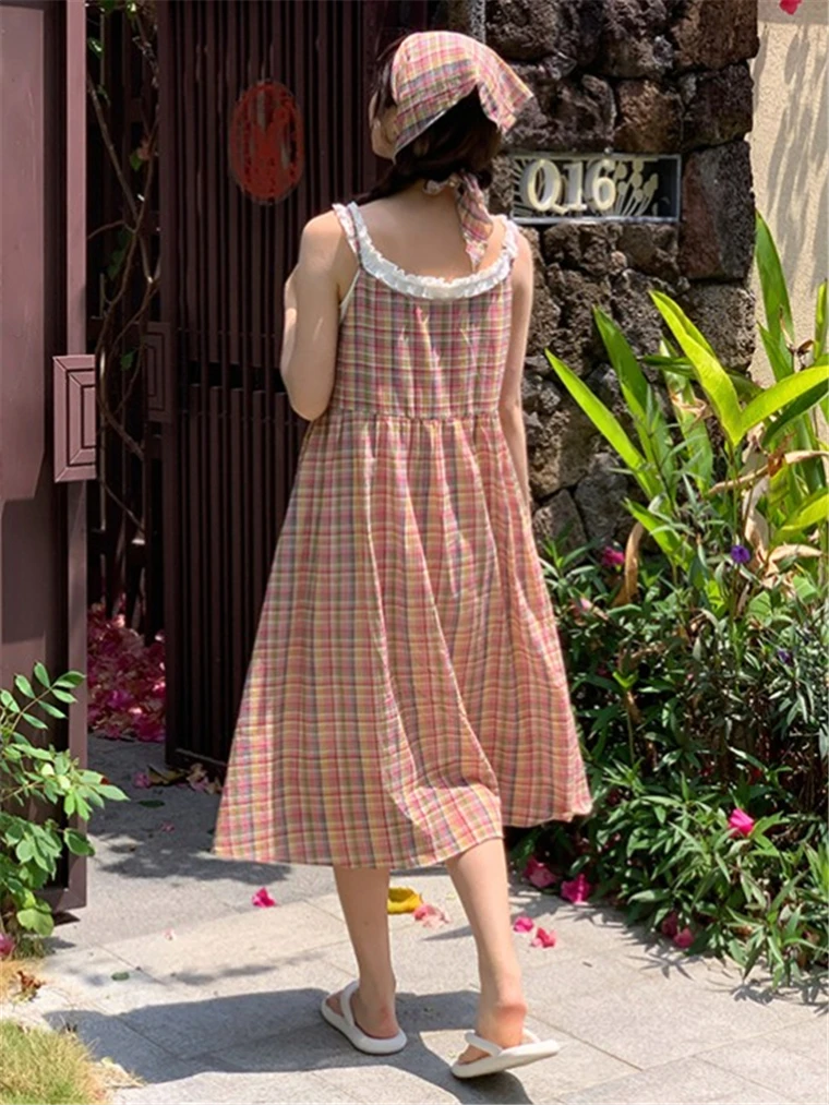 المرأة عادية بلا أكمام المتضخم السباغيتي فستان بحزام 2025 شاطئ حفلة شيك فضفاض فستان الشمس الصيف اليابان نمط فستان منقوش