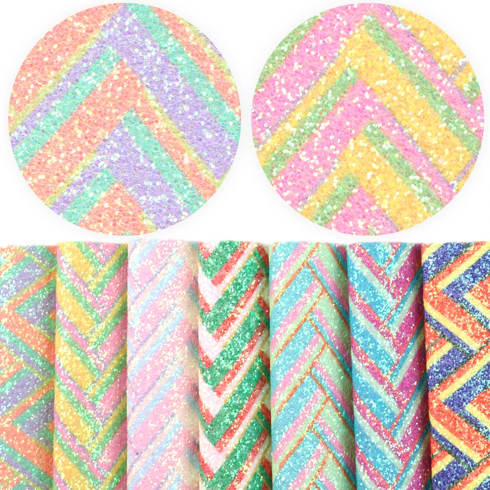 7Pcs/Set 20x33cm Shimmer Chunky Glitter Faux Leather Set Chevron Geometry Printed Synthetic Leather Fabric Sheets DIY Earring