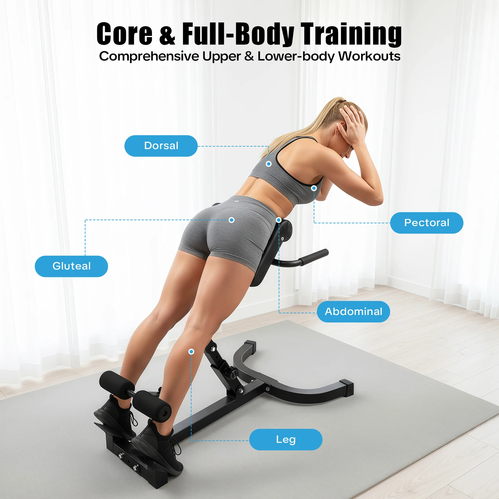 Adjustable Roman Chair Multi-Functional Workout Bench, 5 Angle 8 Positions Ab Sit Up Bench for Home Gym