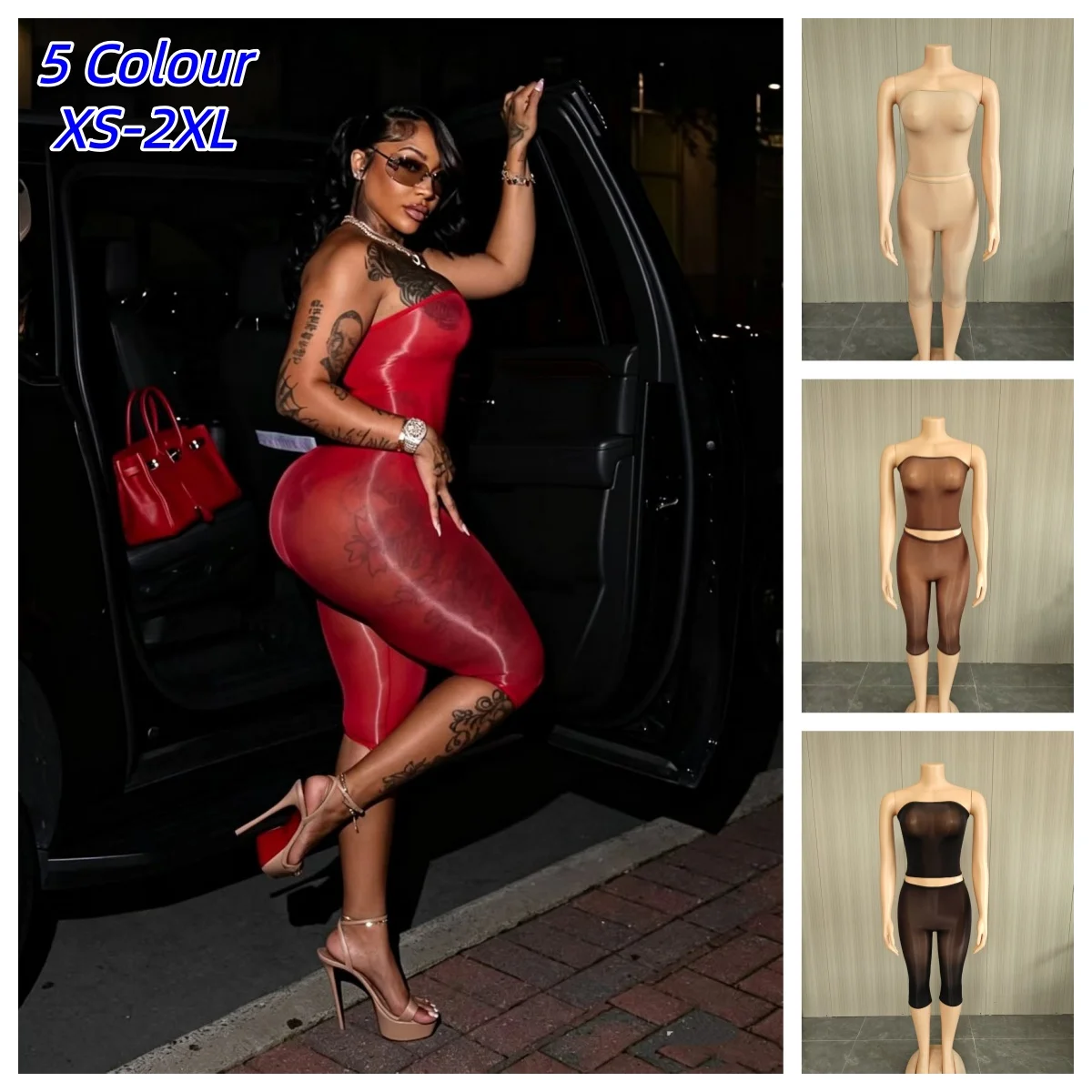 Y2K Sexy Mesh See Through 2 Piece Sets Woman Strapless Sleeveless Crop Tops And Skinny Capri Pants Midnight Party Club Suits