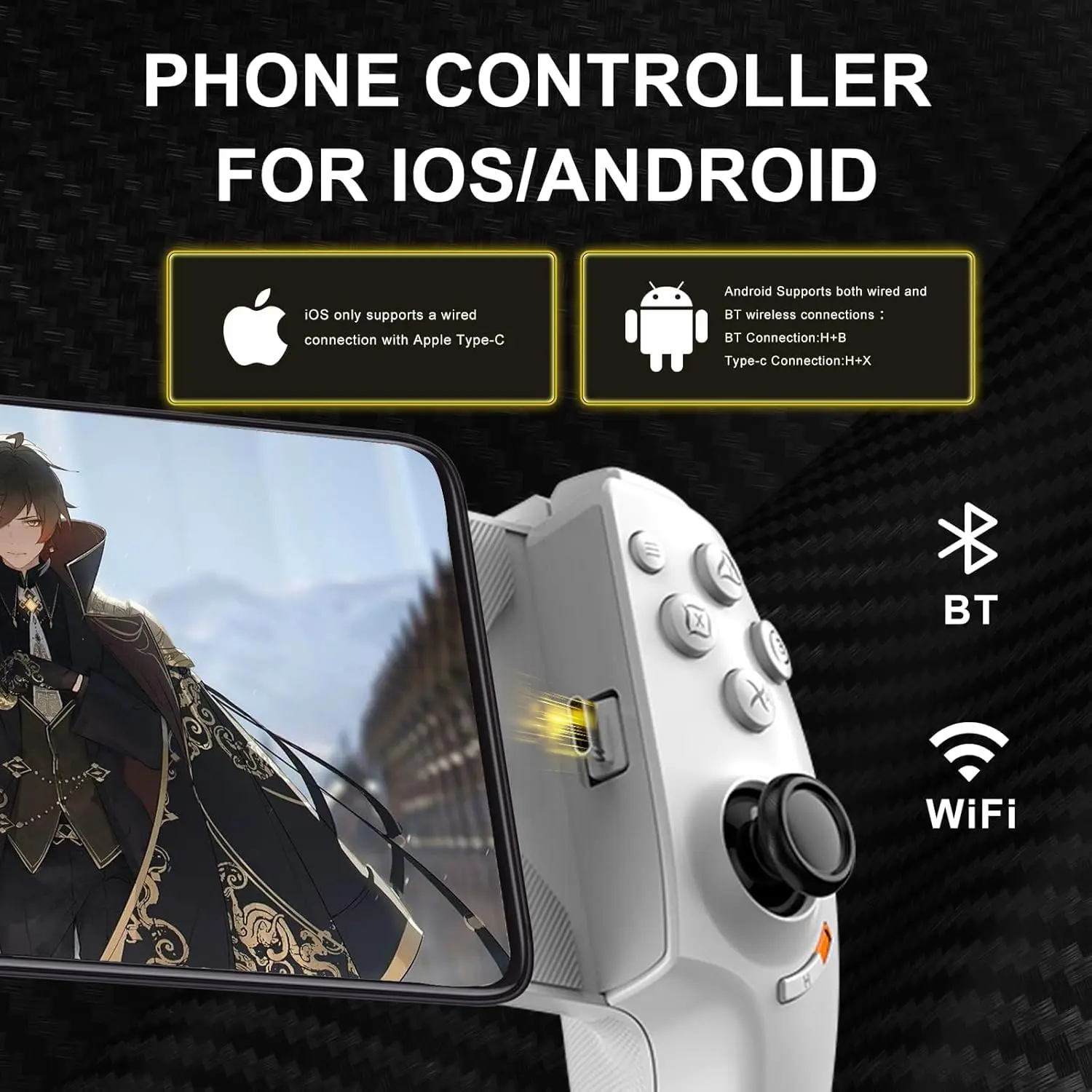 Type-C mobiele gamingcontroller voor Android/iPhone 15-serie cloudgamecontroller met Hall-effect joysticks/trigger AB01