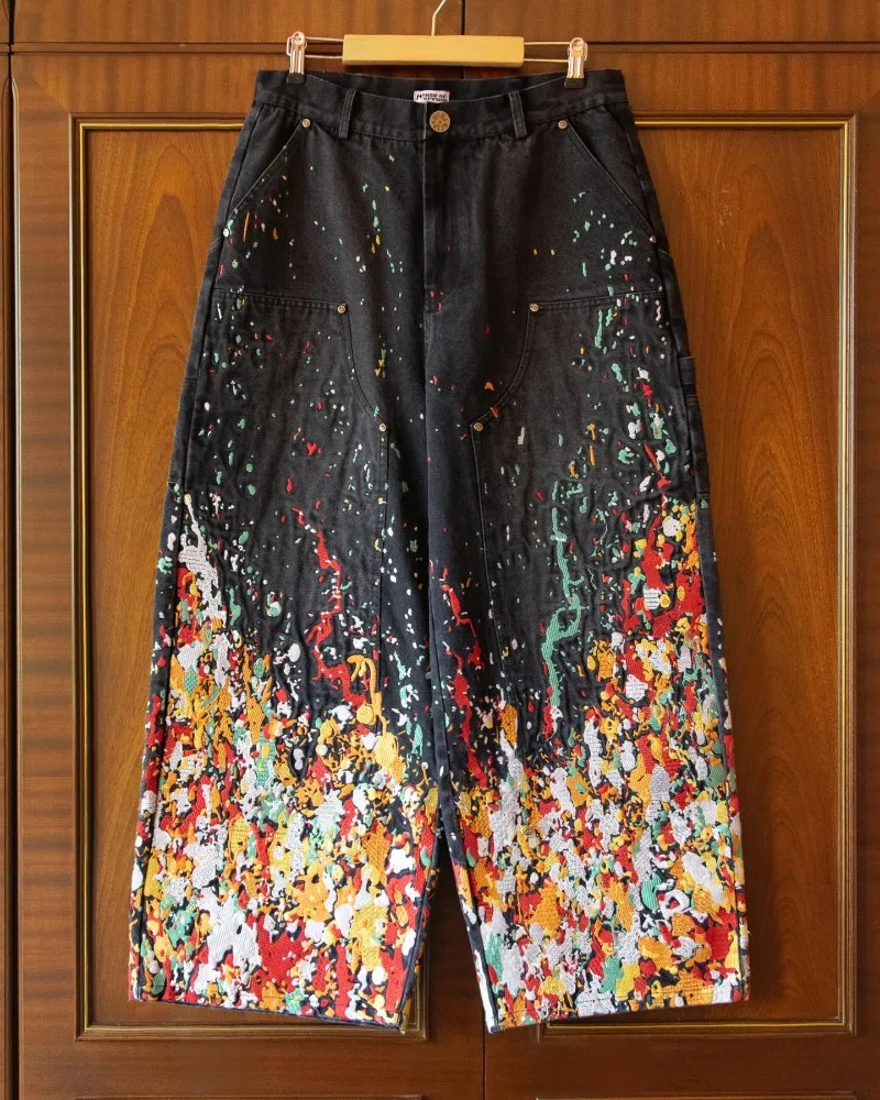 

Y2K мешковатые джинсы с граффити и вышивкой краски, широкие брюки 2000-х годов, уличная одежда, геометрический узор, мужские и женские уличные брюки