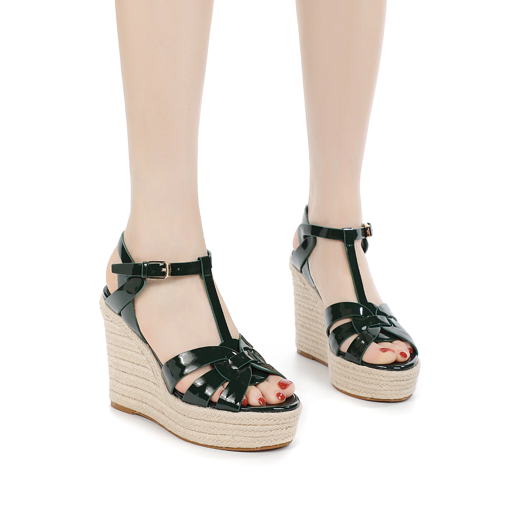 Women's High Heel Thick Sole Sandals Summer New Women's High Heel Shoes Patent Leather Slope Heel Open Toe Heel Shoes