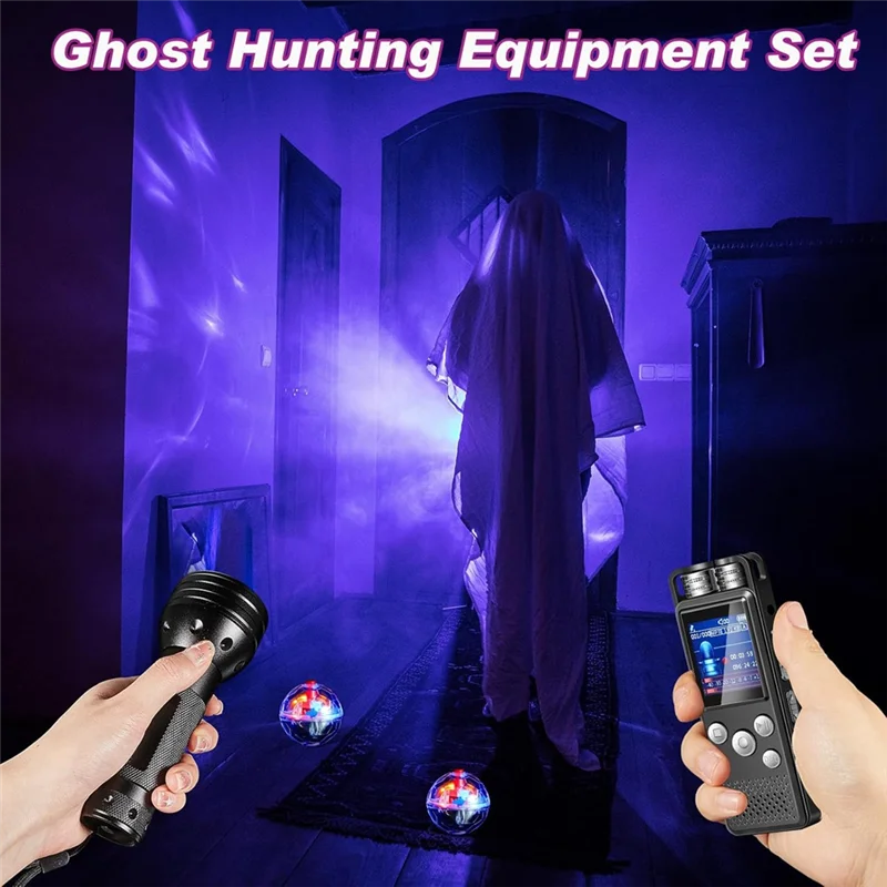 

LICE-4Pcs Ghosthunting Equipment Kit 1 Pocket Digital Voice Recorder 2 LED Light Up Pet Cat Ball 1 Black UV Flashlight,8 GB