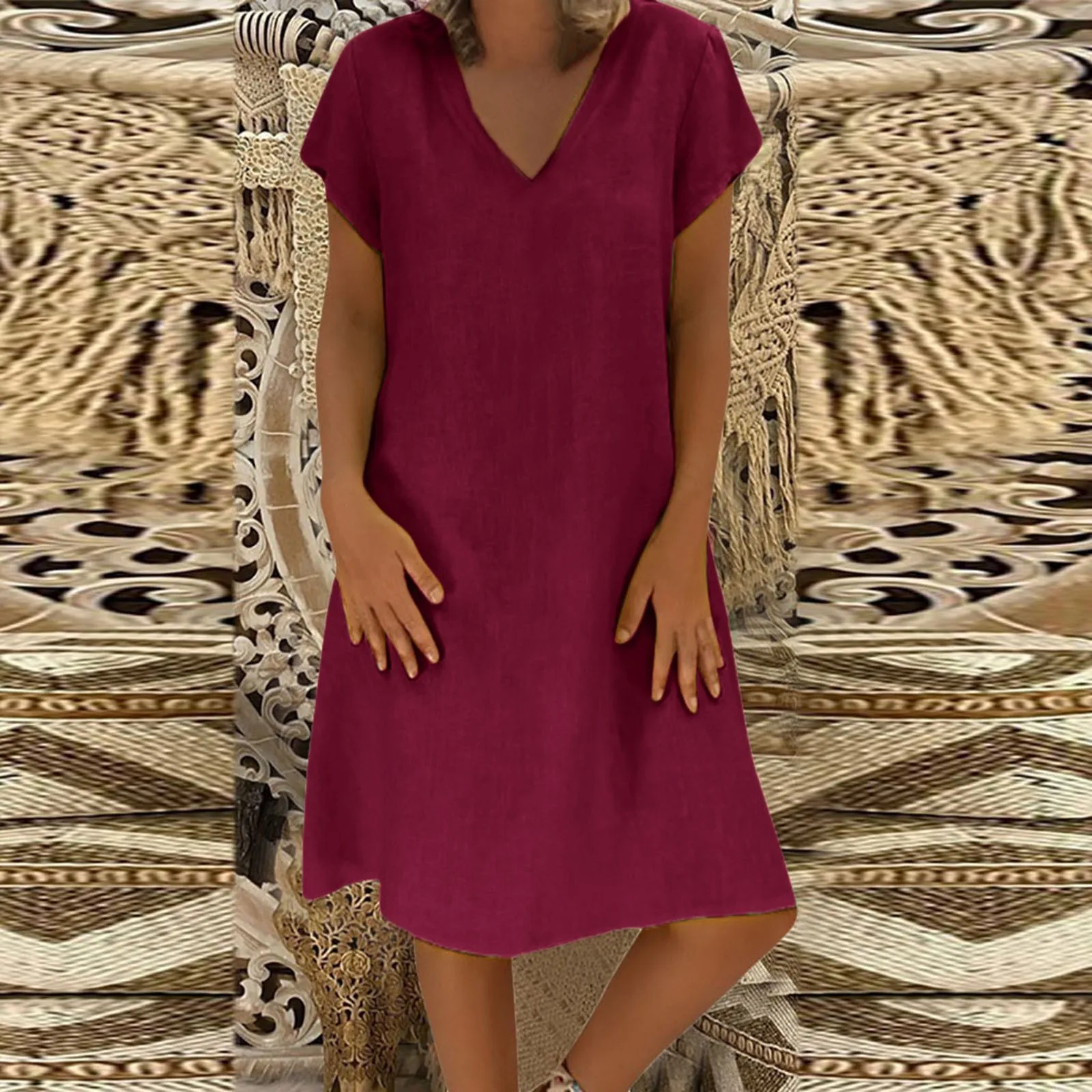 

Solid Color V-Neck Women Dress Short Sleeve Knee-Length Female Long Dresses Lady Loose Fit Prairie Chic Casual Dress