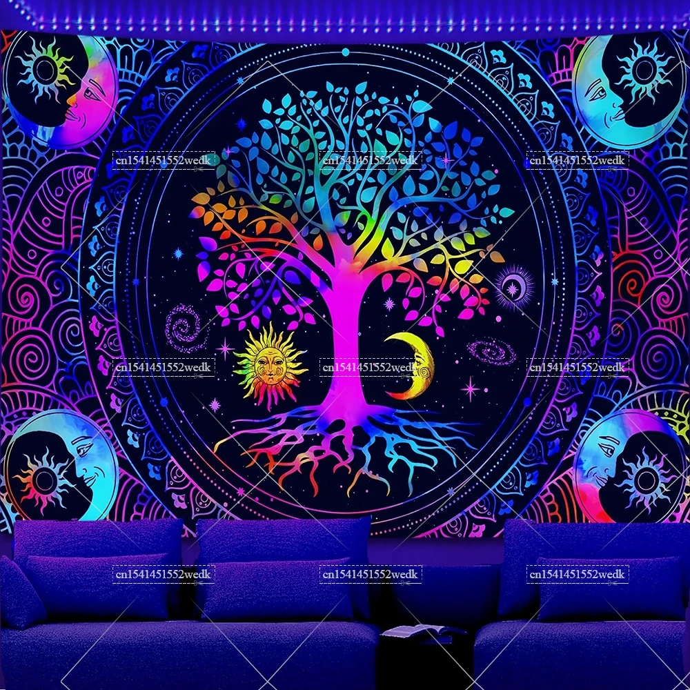 Tree Of Life Black Light Tapestry UV Reactive Sun Moon Galaxy Glow In The Dark Tapestry Aesthetic Room Decor Neon Party Backdrop