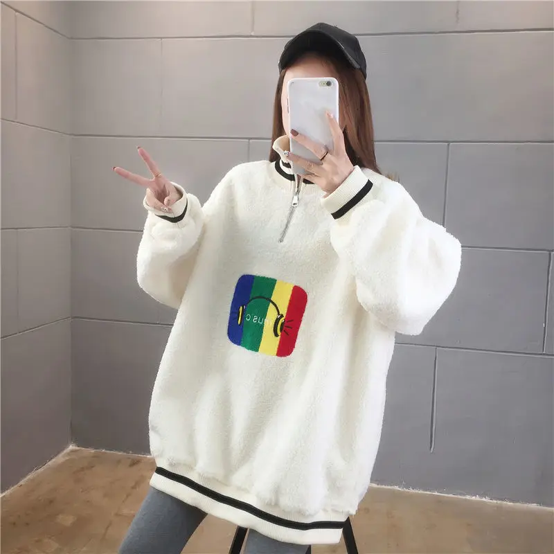 Winter Dikke Warm Lam Fleece Toevallige Trui Vrouwen Sweatshirt Geborduurde Harajuku Patroon Muziek Headset Hoody Vrouwelijke