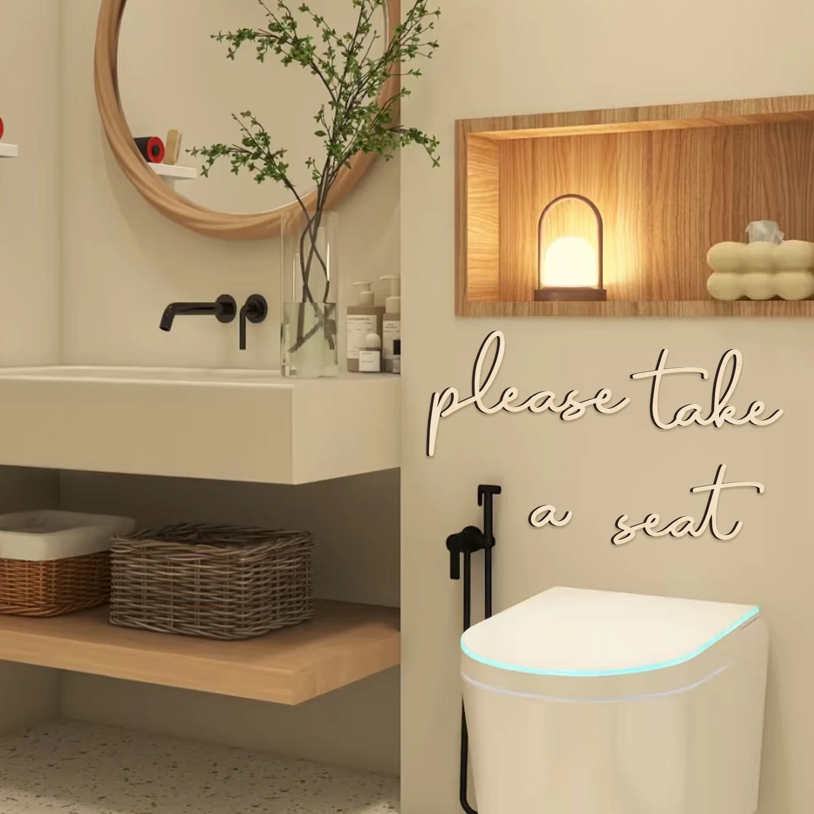 Wooden "Please Take a Seat" Bathroom Sign Set - 4-Piece Rustic Wall Decor with Cursive Lettering for Above Toilet