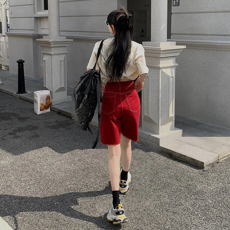 ZHISILAO New Red Knee Length Denim Shorts Women Vintage Straight Jeans Shorts Summer 2024