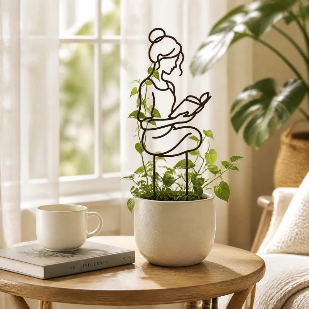 Distressed Iron Character Silhouette Plant Trellis Hollow Out Strong Load Bearing Lady Plant Support Pile Minimalist Artistic