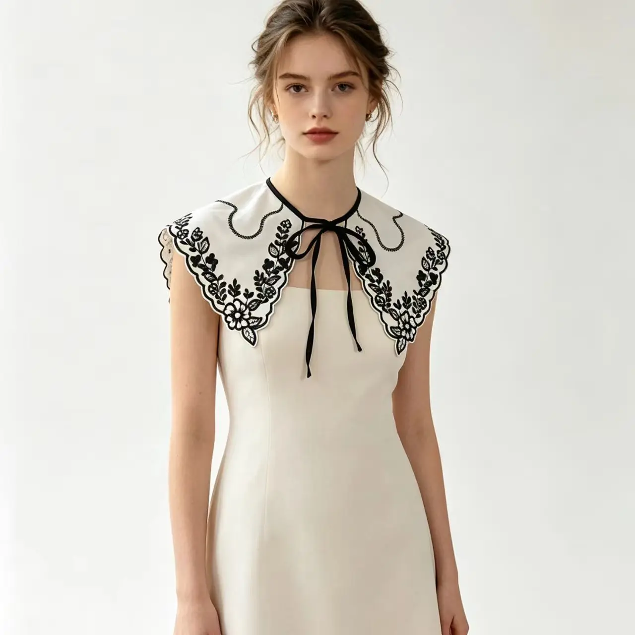 Retro black and white flower embroidered false collar thin black rope bow lace with wavy lace decorative shawl versatile 1