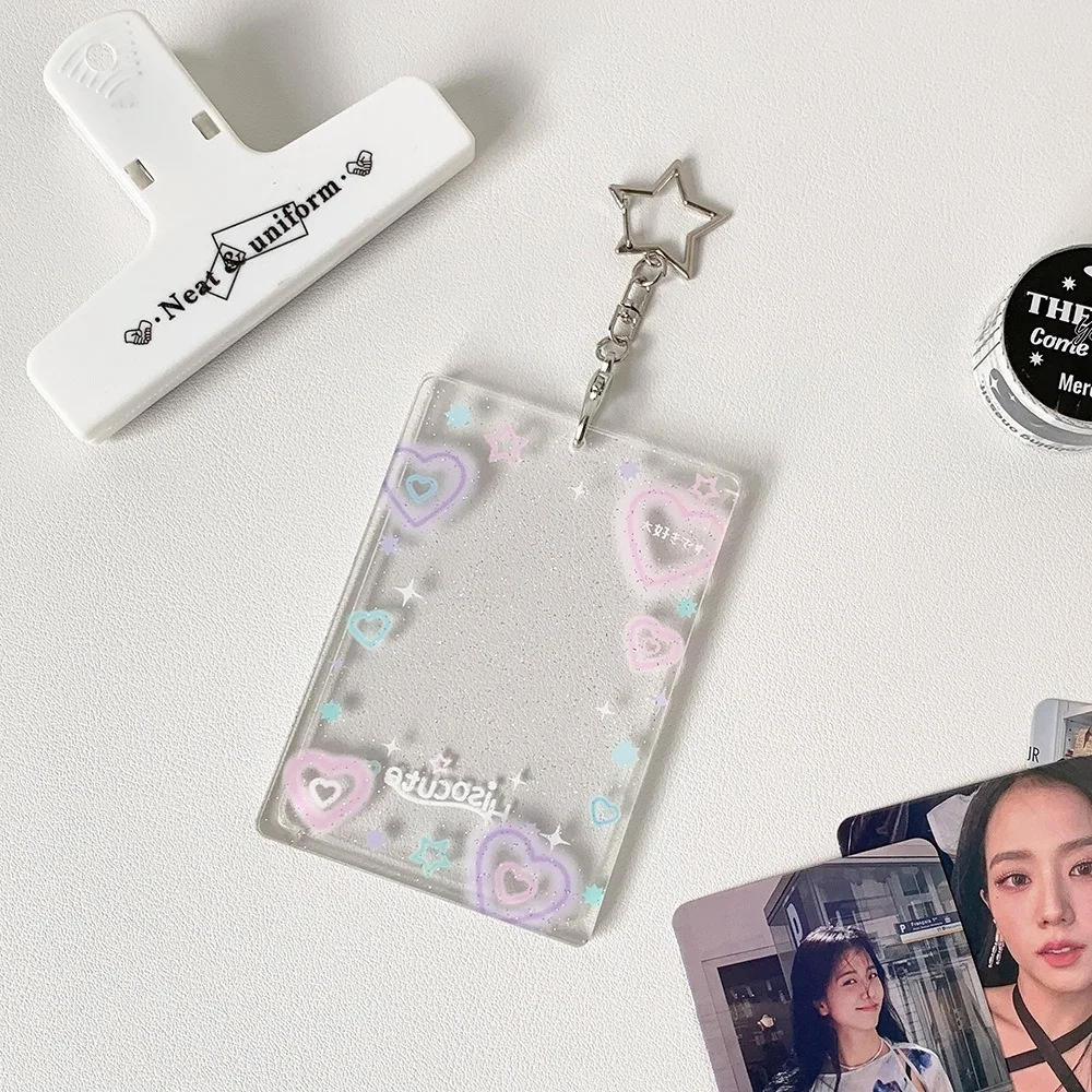 Lovely Acrylic 3 inch Photocard Holder Glitter with Pendant Keychian ID Badge Holder Photo Frame Keychain Women Girls