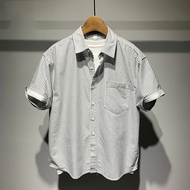 New Chic Summer Fashion Versatile Personalized Splicing Design for Men's Short-sleeved Shirts Trendy Casual Striped Jacket