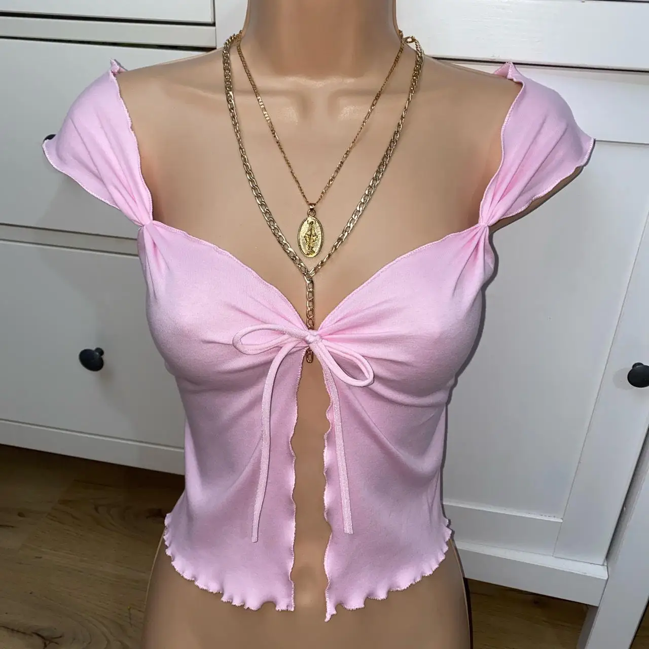 Bow Bandage Camisole Tops Ruffle Sweet Pink Front Open Basic T Shirt Y2K Fairy Grunge Vintage Crop Tops Sexy Clubwear